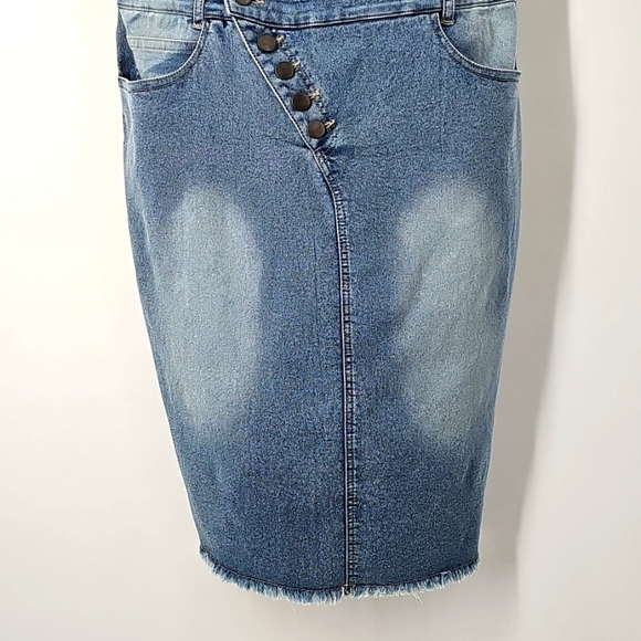 AS Stretch Denim Asymmetric Neckline Raw Hem 4 Pocket Slim Strap Dress - Picture 5 of 10